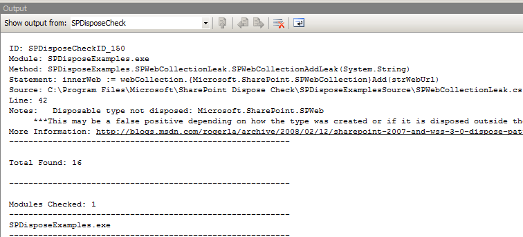 SPDisposeCheck Output in VS